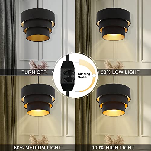 Mateyrie Plug In Pendant Light, Hanging Lamp With Dimmable Switch, Drum Pendant Light Fixtures With 15 Ft Cord, Swag Light With Black Fabric Shade For Bedroom, Kitchen, Living Room #TOP2