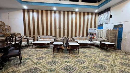 Image of CLASSIC WOOD & CRAFT Luxury 7-Seater Wooden Sofa Set Hand-Carved Teak Wood Sofa with Onex Top Center Table & Side Tables Victorian Style Upholstered Sofa Set Royal Living Room Furniture for Home