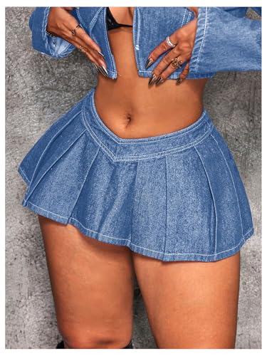 Floerns Women's Pleated Hem Denim Skirt V Cut Low Waist Y2k Mini Jean Dress4