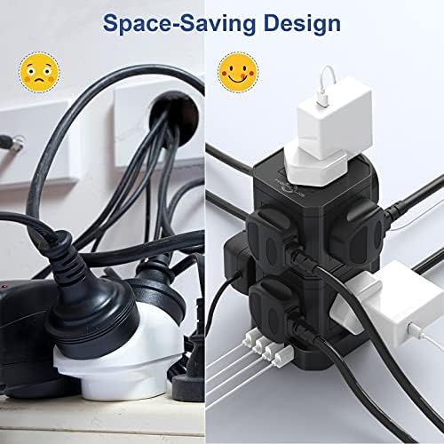 Tower Extension Lead with USB Slots, 9 Way Plug Extension with 4 USB, 2M Extension Cable, Black Multi Plug Extension Sockets 3250W/13A, Detach/Stackable Power Strip Extension Cord for Home Office