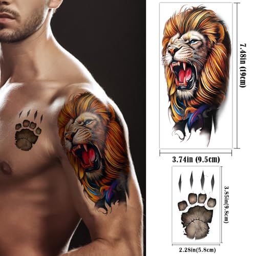 Image of 77 Sheets 3D Realistic Temporary Tattoos Adults Kids, Realistic Skull Tiger Wolf Lion Dragon Spider Snake Temporary Tattoos For Women Men, Half Arm 3D Halloween Temp Tattoos Look Real And Last Long