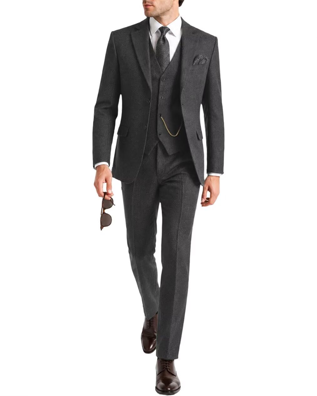 high-end suits Retro Tweed Men's Suit 3 Piece Slim Fit Herringbone Suits Groom Tuxedos Set Wedding Prom Blazer Jacket Vest Pants for Men-picture-10