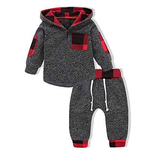 Toddler Infant Baby Boys Girls Stylish Plaid Floral Pocket Hooded Sweatshirt Coat, Kids Jackets Tops +Pants Outfit Sets(6-12 Months) Darkgrey