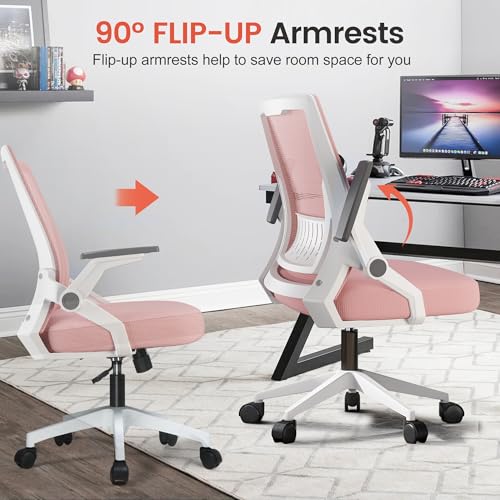 Image of GTPLAYER Ergonomic Office Chair with Flip-up Armrests Executive Computer Chair for Home Office, Breathable Mesh & Comfy Lumbar Support, Pink
