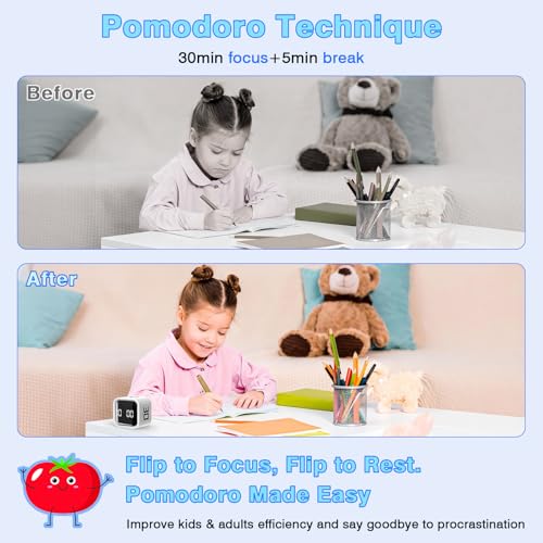 Image of Cube Pomodoro Timer, Smart Productivity Timer 5 /10 /30 /60 Minutes & Custom Countdown, Pause & Resume, Adjustable & Silent Visual Timer, Portable Rotation Multi Desk Timer for Study Task Work Kitchen