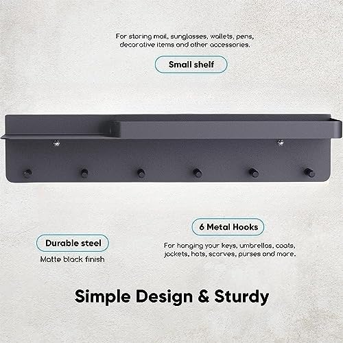 Honsdom Schlüsselbrett mit Ablage und 6 Haken, Schlüsselregal Schwarz Organizer Schlüsselablage, Schlüsselboard ohne Bohren Wandmontage für Eingangsbereich, Flur, Küche