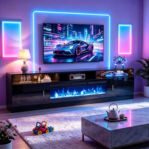 OneBlis 80 Fireplace TV Stand with Power Outlet for TVs UP to 90 Electric Fireplace Entertainment Center with LED Lights & Storage Cabinets TV Console for Living Room Office Black-Black