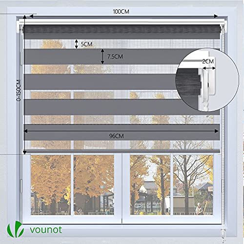 VOUNOT Day and Night Zebra Roller Blind with Clips 100 x 150 cm, Double Fabric Translucent or Blackout Vision Curtains for Window and Door, No Drilling, Grey - Cosy Home Interiors VOUNOT Day and Night Zebra Roller Blind with Clips 100 x 150 cm, Double Fabric Translucent or Blackout Vision Curtains for Window and Door, No Drilling, Grey - Image 4