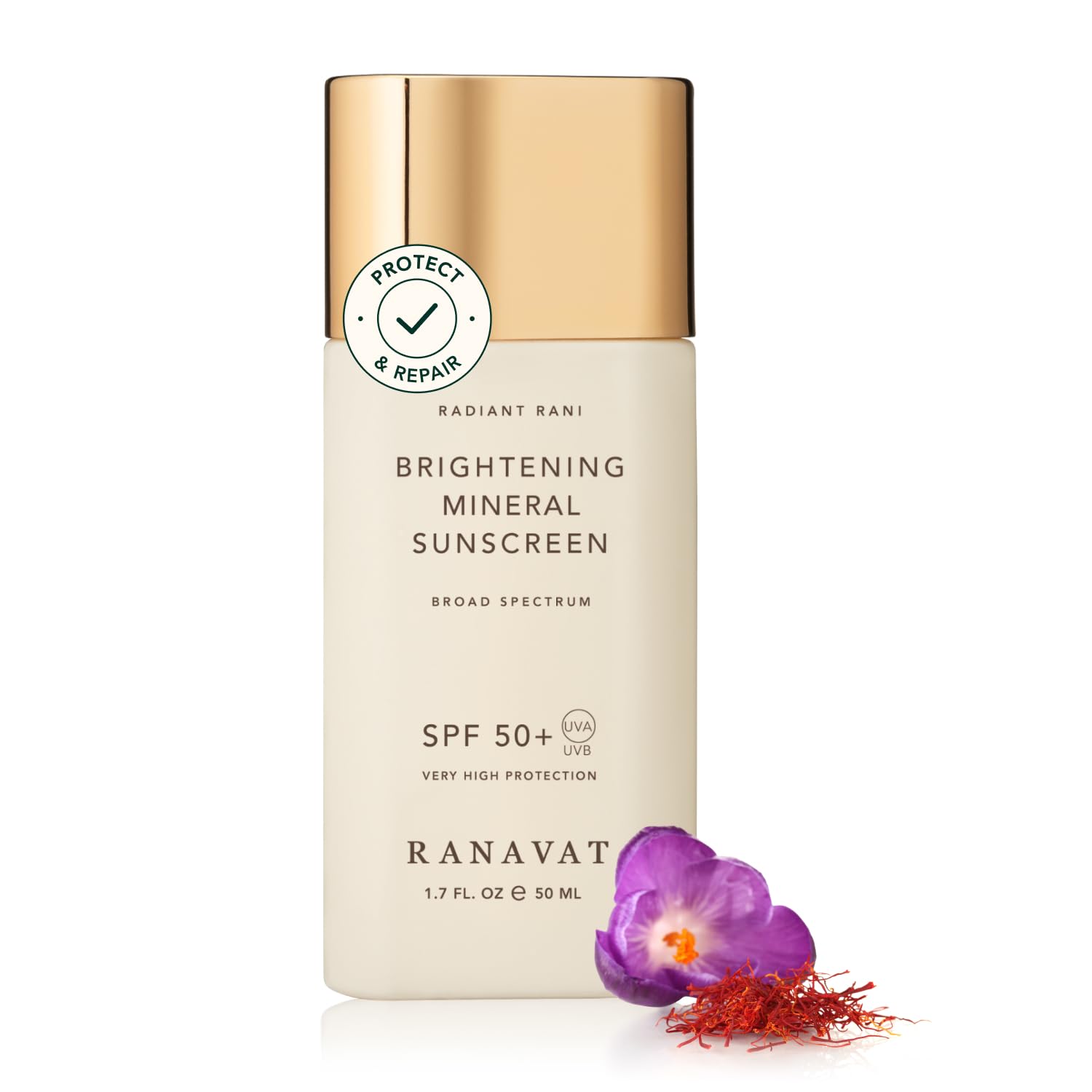 RANAVAT Brightening Mineral Face Sunscreen - Broad-Spectrum SPF 50 Mineral Sunscreen with Zero White Cast - Boosts Radiance & Helps Protect Against Signs of Aging - Safe for Sensitive Skin (50 ml)