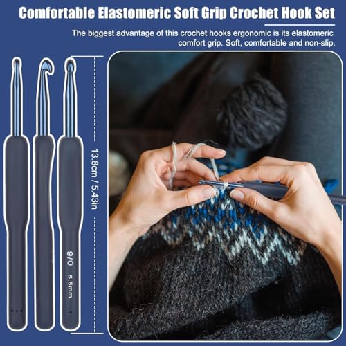 Image of Modiq 9 Pcs Ergonomic Crochet Hook Set, Dark Blue Aluminium Crochet Hooks Set, Crochet Kit with Soft Grip Handles, Sizes from 2.0Mm to 6.5Mm, Suitable for Different Skill Levels