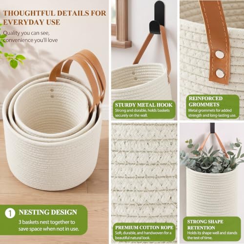 Image of Honeydak 3 Hanging Baskets, White, Cylinder, Cotton Rope