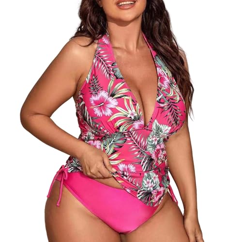 Bañador Mujer Talla Grande Psh Up Traje de Baño Conjunto de Tankini con Estampado Talla Grande para Mujer Traje baño 2 Piezas Bañador Natacion Bañadores (Rosa Intenso 0XL)