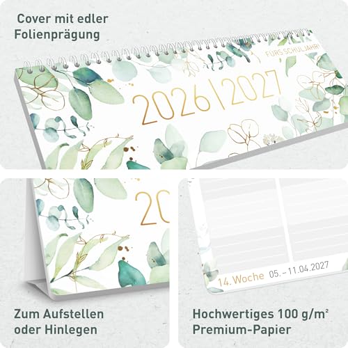 Häfft® Wochen-Tischkalender Schuljahr 2026/2027 Blattgold im Quer-Format mit Aufsteller, 1 Woche auf 2 Seiten - Schreibtisch-Kalender Schule mit Ferienübersicht für DE & AT