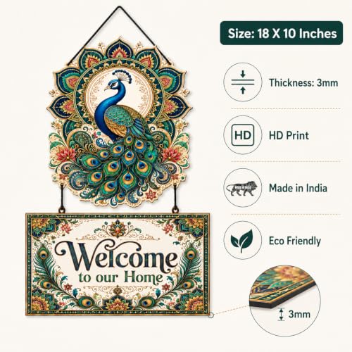 Image of Zesta Wooden Wall Hanging Decorative Items /Hanging Home Wall Decor Items /MDF Decoration Items for Home /Cute Wall Art For Living Room /Home Decor Items Living Room (Welcome To Our Home Peacock)