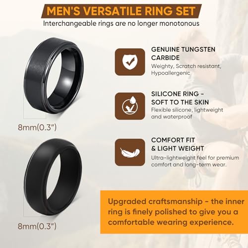 VNOX 2PCS Mens Wedding Band Set Silicone Tungsten Rings for Men，8mm Black Ring Promise Engagement Anniversary Bands Comfort Fit Size 8-124