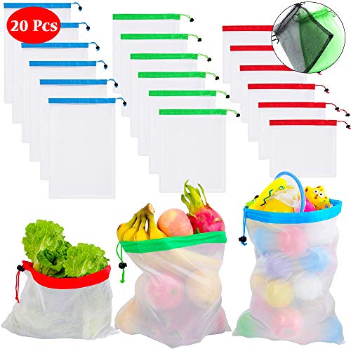 Mesh produce bags - Set of 20 - See-Through and Washable, Heavy-Duty, Reusable