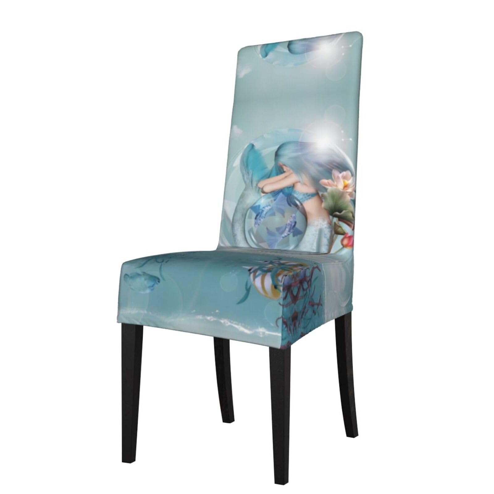 Hlsbssl Black Mermaid Printed Dining Chair Covers, Fully Enclosed, Removable And Washable, Suitable For Family Banquets And Celebrations