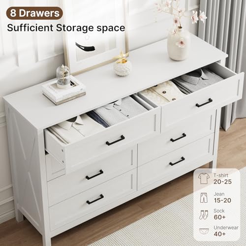 Image of LYNSOM Farmhouse 8 Drawer Dresser for Bedroom, 55 Inch Wide Wood Rustic Chest of Drawers with X-Marking & Bar Handle, Large Storage Dressers Organizer for Bedroom, Living Room, White
