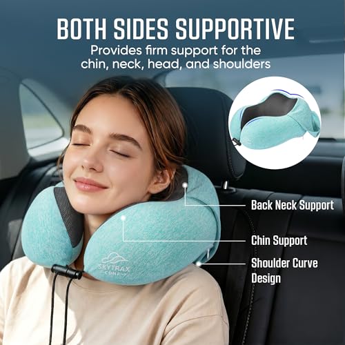 Image of SkytraxComf Travel Neck Pillow with Hood for Privacy on Long Flights | Memory Foam | Airplane Sleep | Safety-Tested Materials | Extra Large Hood | Chin Support | Earplugs | Washable Cover