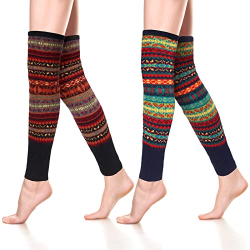 Image of SATINIOR 2 Pairs Leg Warmers for Women Wool Leg Warmers Bohemian Winter Long Knit Boot Cuffs Socks for Women(Black, Navy Blue)