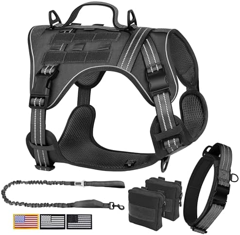PET ARTIST Tactical Dog Vest Harness No Pull and Metal Buckled Military Dog Collar with Handle for Better Control with Bungee Dog Leash and Pouches for Medium Large Dogs Walking Hiking Training