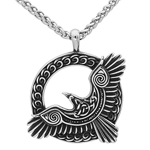 GuoShuang Norse Viking Triple Horn of Odin Raven Huginn and Muninn Amulet Stainless Steel Rune Pendant Necklace with Valknut Gift Bag Cover