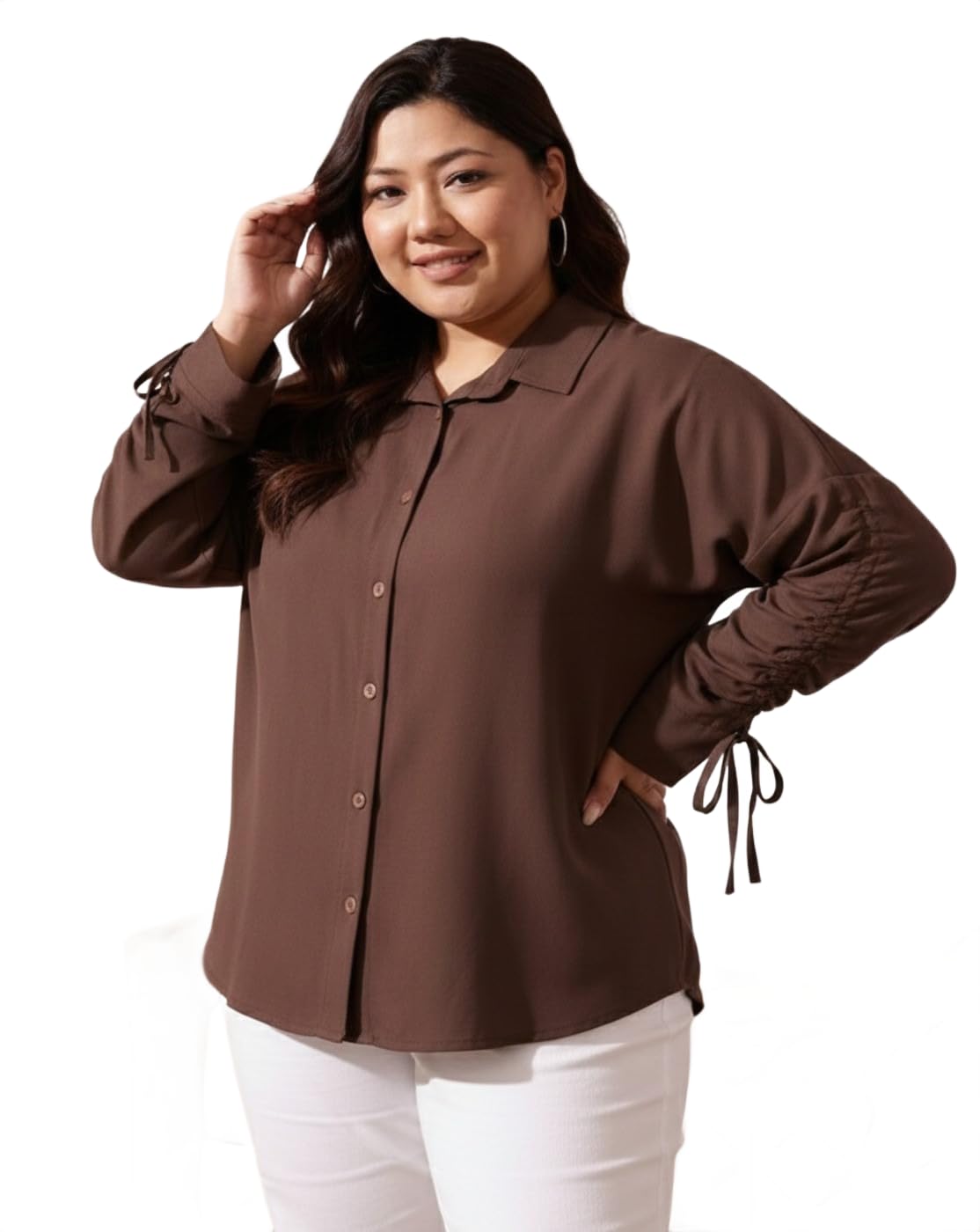 maykr Plus Size Women Solid Brown Shirt | Collared Button Front Office Wear Top-picture-11