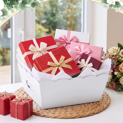 Image of Fuyoooo 8 Pack White Basket for Gifts Empty to Fill, 10 inch x 8 inch Thick Sturdy Kraft Scalloped Edge Gift Basket with Handle, 8 Wrap Bag 8 Bow 16 Tissue Paper for Christmas Wedding Birthday Wrapping Gift