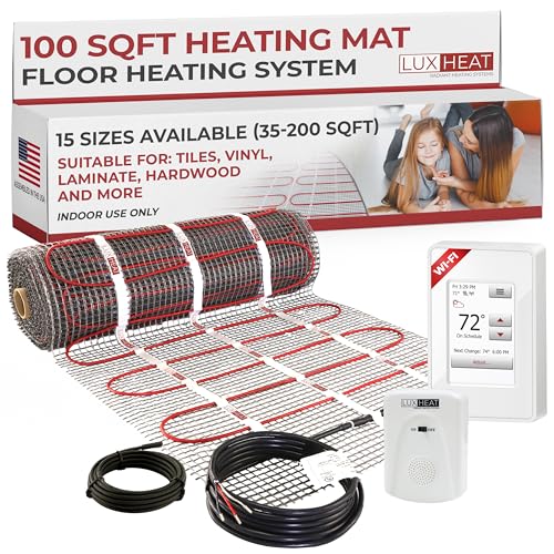 LuxHeat 100sqft Floor Heating Mat Kit – 240v Electric Floor Heat Kit – Radiant Heated Flooring System for Tile & Laminate - Includes UWG4 WiFi Programmable Thermostat w/GFCI, Alarm & Sensor