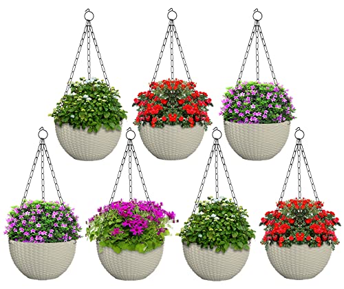 Image of Heat Home Plastic Hanging Flower Pot for Balcony & Railing Set (White, Set of 7)