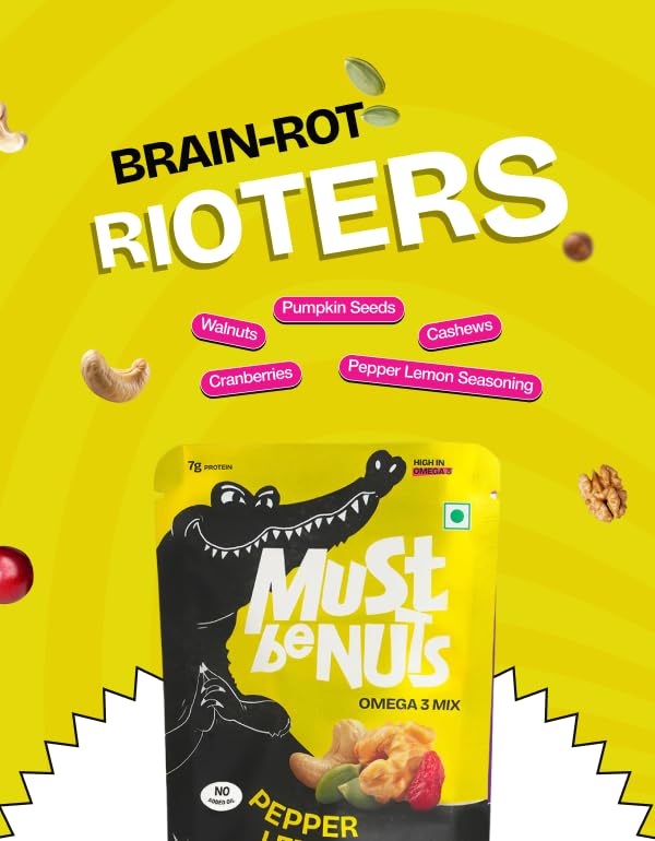 Image of Must Be Nuts Pepper Lemon Panic Mix | High in Omega 3 | Pack of 10 | Walnuts, pumpkin seeds, cashews, cranberries with lemon-pepper seasoning. Omega 3 rich. No added oil or MSG. 7g protein.