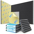 12 Pack Pyramid Sound Proof Foam Panels for Walls with Updated Self-Adhesive 2"X12"X12" High Density Acoustic Panels Sound Absorbing Fast-Expanding Soundproof Wall Panels for Gaming Studio Decor-Black