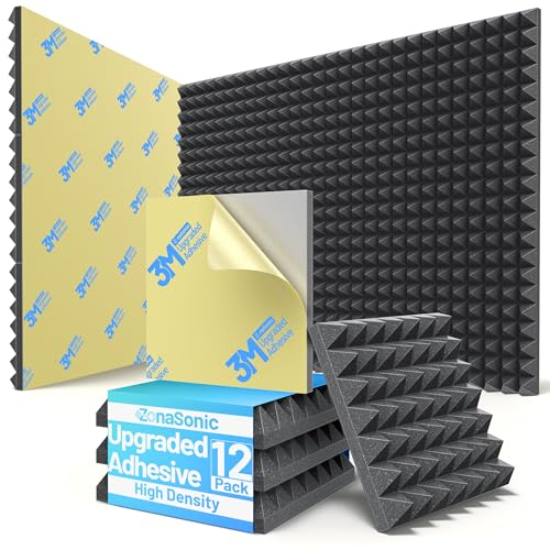 12 Pack Pyramid Sound Proof Foam Panels for Walls with Updated Self-Adhesive 2'X12'X12' High Density...