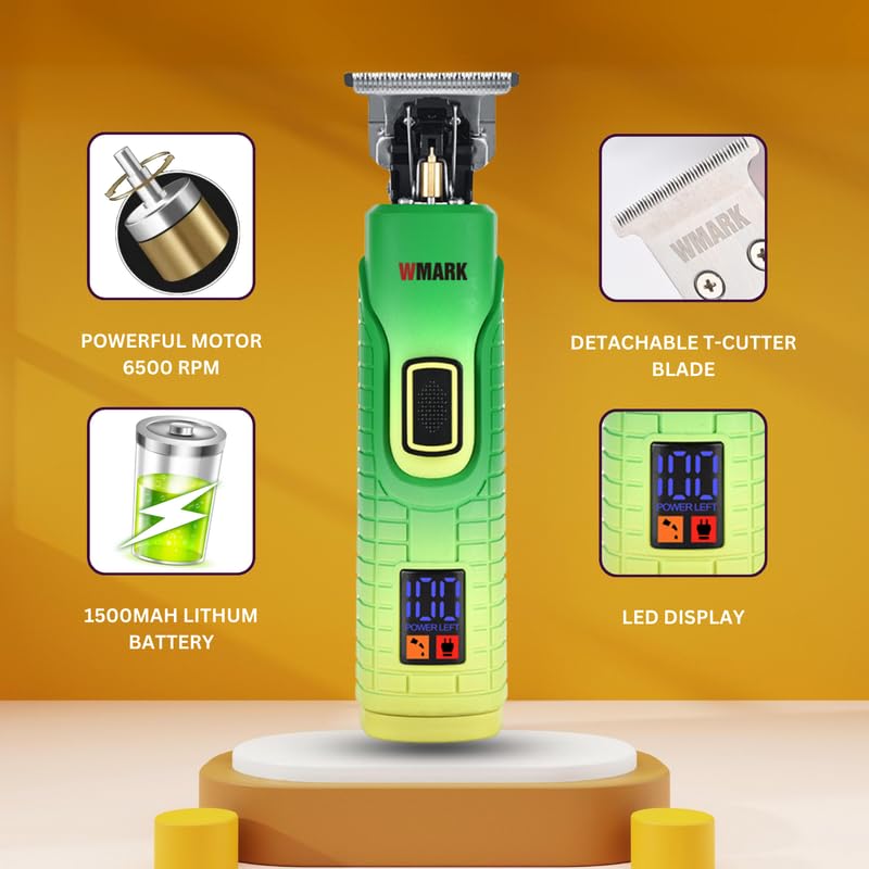 Image of WMARK NG-319 Digital Display Detail Trimmer Pro Li Outliner Cordless T Blade Hair Clipper 0.1 Gap Outlining for Barbers 0.1mm balding Shape up 6500 RPM Powerful rotary Motor Runtime 180 min, Green,Men
