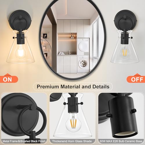 Image of Wall Sconces 2 Pack Vanity Light Fixtures for Bathroom Black | Wall Mount Lighting Lamp, Farmhouse Wall Lights 6'' Clear Glass, Hardwired for Mirror