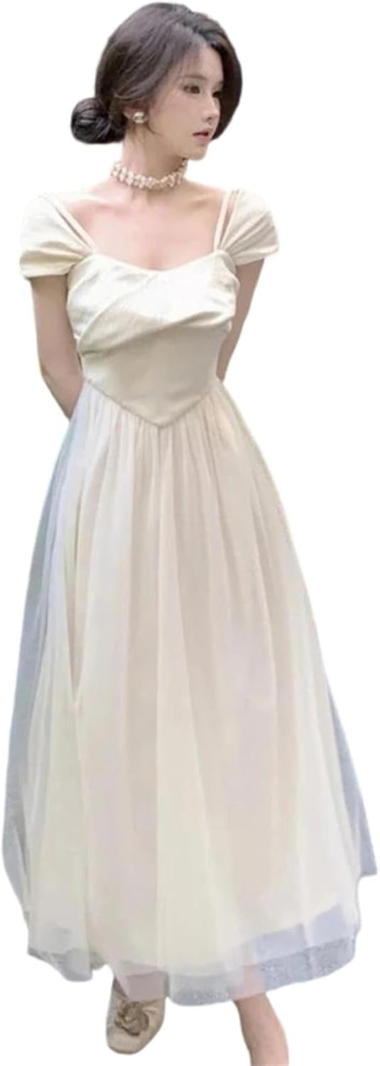 AIEIJJH French Style Ladies Mesh Midi Dresses, Solid A Line Princess Gown with Mesh Spliced Sleeves, White, M