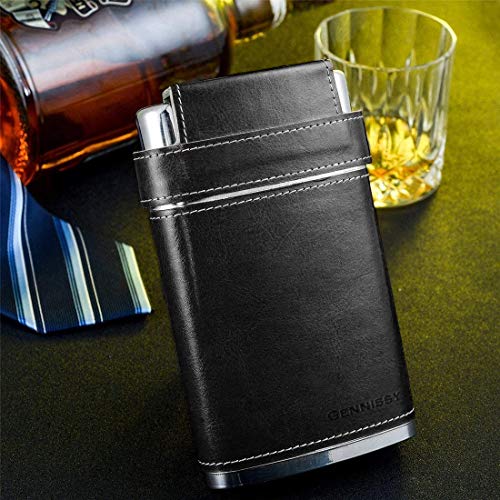 Image of GENNISSY 18 /8 Stainless Steel 8oz Flask - Americal Flag Black Leather with 3 Cups and Funnel 100% Leak Proof(Black Without US Flag)