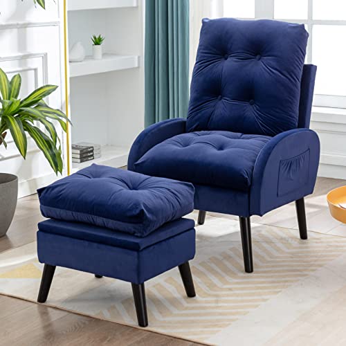 Ttgieet Accent Recliner Chair With Ottoman With Storage, Modern Velvet Armchair With Adjustable Backrest And Side Pocket, Single Sofa Chair Lounge Chair For Living Room, Bedroom, Office (Blue) #TOP9