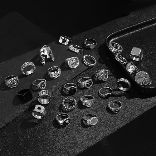 28 Pcs Vintage Silver Punk Rings Set for Men Cool Gothic Chunky Rings Statement Skull Cross Signet Ring Set2