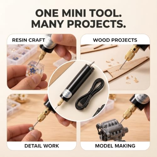 Image of Mini Electric Drill, USB Powered Rotary Drill Tool with 5 Drill Bits, Precision Chuck, Open-End Wrench & L-Shaped Hex Key for Resin Crafts, Wood Projects, Model Making & DIY Detail Work