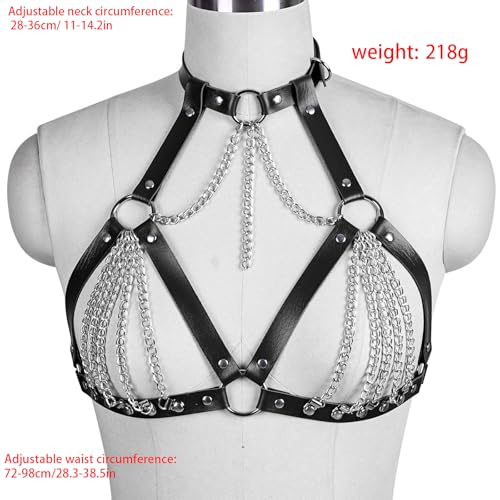 Leather Bra CageStyle Shoulder Strap,Punk Layered Chest Chain,Punk Black Leather Chest Harness Body Waist Chain Belt Rave Nightclub Belly Bra Jewelry Accessor for Halloween Carnival3