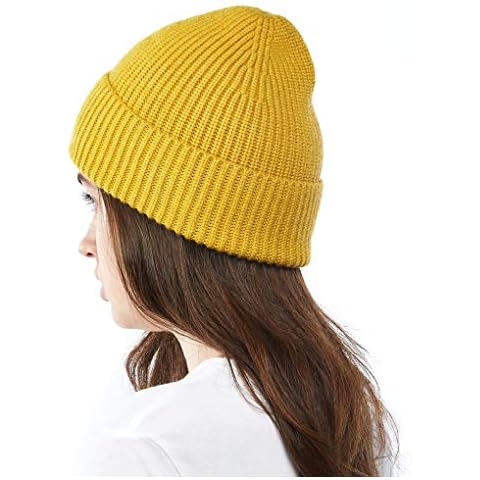 SILVERFEVER Wool Beanie with Lapel for Women, Flexible Knit Hat, Oversized, Cozy & Warm - Yellow - One Size Cover