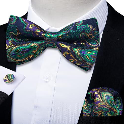Image of DiBanGu Paisley Pre-Tied Bow Ties for Men Silk Adjustable Bowtie and Pocket Square Cufflinks for Wedding Party