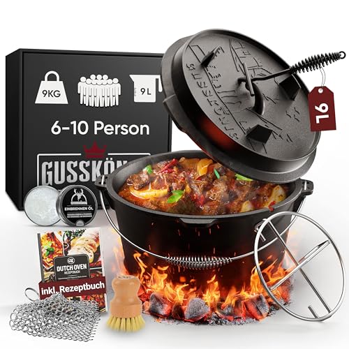 GUSSKÖNIG Dutch Oven Set 9 Liter [für 6–10 Person]–Eingebrannter Feuertopf ohne Füße + praktischem Deckelheber, Edelstahl-Untersetzer, Ringreiniger, Pflegepaste, Bürste & Rezeptbuch– 30 Jahre Garantie