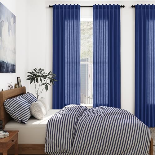 Image of Classic Blue Linen Curtains 84 Inch Length 2 Panels Set for Living Room Rod Pocket Back Tab Light Filtering Window Drapes for Bedroom Dining Room Protect Privacy Modern Farmhouse Decor 52x84