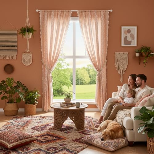 Image of Boho Curtains 84 Inch Long for Living Room, Bedroom, 2 Panels Floral Farmhouse Vintage Tassel Semi Sheer Light Filtering Privacy Window Curtain Drapes with Rod Pocket,Pink