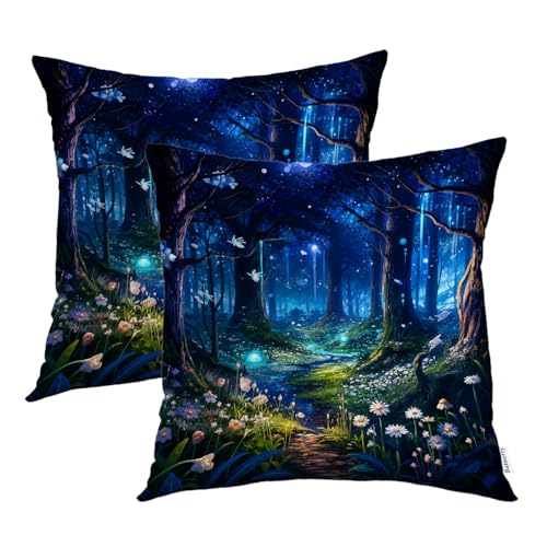 Batmerry Forest Path Night Throw Pillow Covers, A Magical Night Forest Decorative Pillow Covers Digital Printing Blended for Couch Sofa Bed Invisible Zipper 22X22 in(Set of 2)