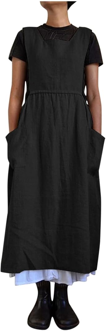Tshirt Dress for Women Girls Vintage Pleated Pockets Apron Gardening Works Cotton Overall Smock Pinafore Dress