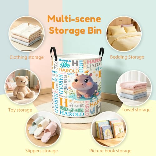 Image of Custom Hippo Laundry Hamper, Personalized Laundry Basket with Name, Customized Dirty Clothes Basket for Clothes Toy Bathroom Bedroom Storage,S-16.5 inchX 13.8 inch