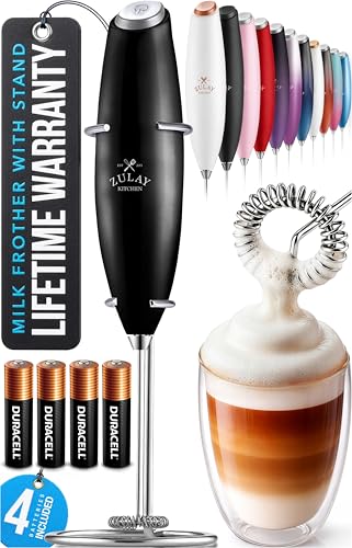 Image of Zulay Kitchen Powerful Milk Frother Wand With Duracell Batteries - Ultra Fast Handheld Drink Mixer - Electric Whisk Foam Maker for Coffee, Lattes, Cappuccino & Matcha - Z1 Motor - Metallic Black